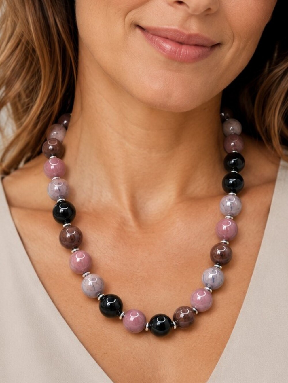 Taupe & Purple Marble Chunk Bead Strand Necklace